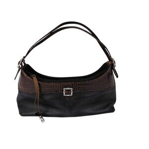 Brighton Vtg Hobo Shoulder Bag Black Brown Pebbled Croc Leather Charm Tag